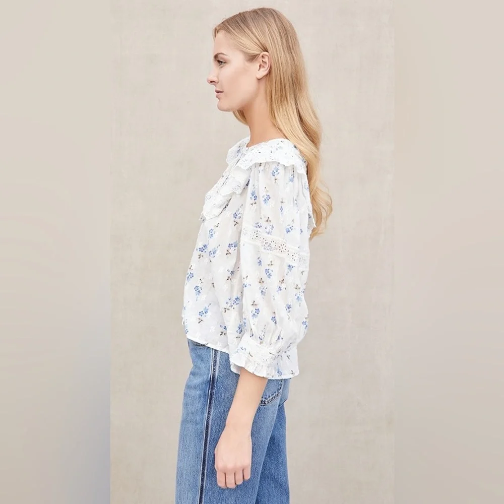 NWT LoveShackFancy Canna Lace Top Blouse- Brilliant Blue